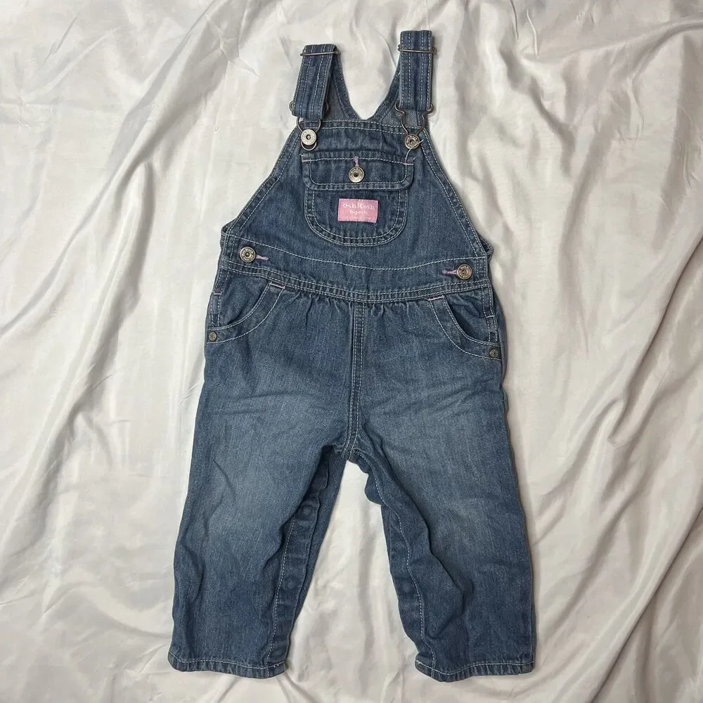 Oshkosh B'Gosh Blue Pink Jean Denim Overalls 12 Months Baby Toddler Fall Autumn